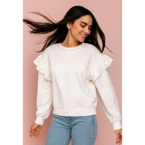 Charter Club Size PM Women's Sweatshirt Pearl Embellished Ruffle Sleeves White